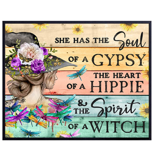 Witch Wall Art & Decor - She Has The Soul Of A gypsy The Heart Of A Hippie - Boho Wall Art - Witchy Room Decor - Pagan Gifts for Women - Goth Gothic Wiccan Wicca Artwork - Hippie Poster 8X10 UNFRAMED