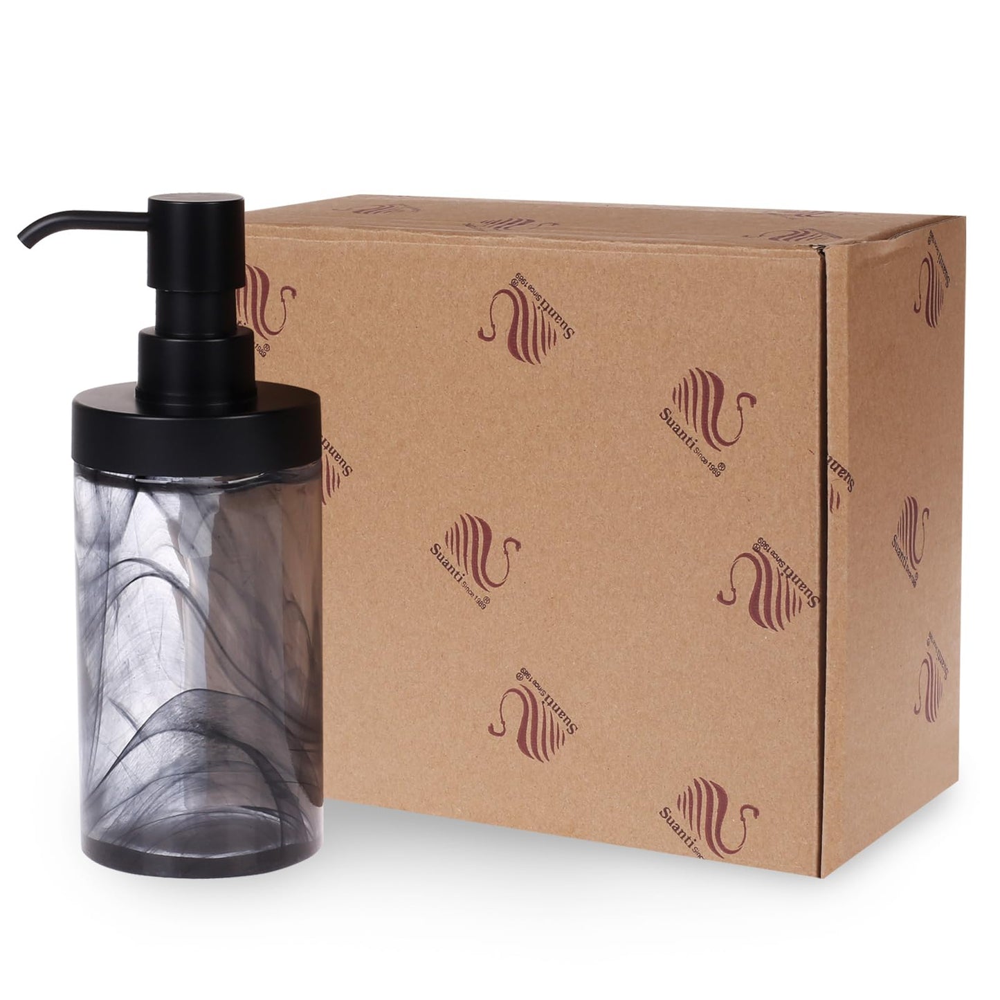 Suanti Soap Dispenser,12.5 Oz Black Moire Wide Open Glass Hand Soap Dispenser, Hand Soap Dispenser for Bathroom & Kitchen, Refillable Black Soap Dispenser with Waterproof Labels