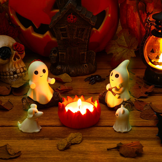 JULEASEL Glow-in-The-Dark Ghost Campfire Gathering, Cute & Cozy Halloween Ghost Figurine Set | 2 Ghosts, Ghost Dog, Ghost Cat and Tea Light Holder | Resin Ghost Statue for Home, Mantel, Shelf, Desk
