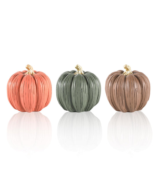 GoGnome Set of 3 Mini Resin Pumpkins – Hand-Painted Fall Harvest Table Decorations in Brown, Orange & Green, 3.5” Autumn Décor for Thanksgiving Day Farmhouse Styling (Multicolor)
