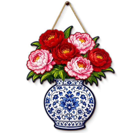 3D Chinoiserie Decor Floral Vase Door Sign Wreaths for Front Door, Chinoiserie Peony Flowers Hanging Sign for Home Farmhouse Outdoor Indoor Porch Entryway Decorations