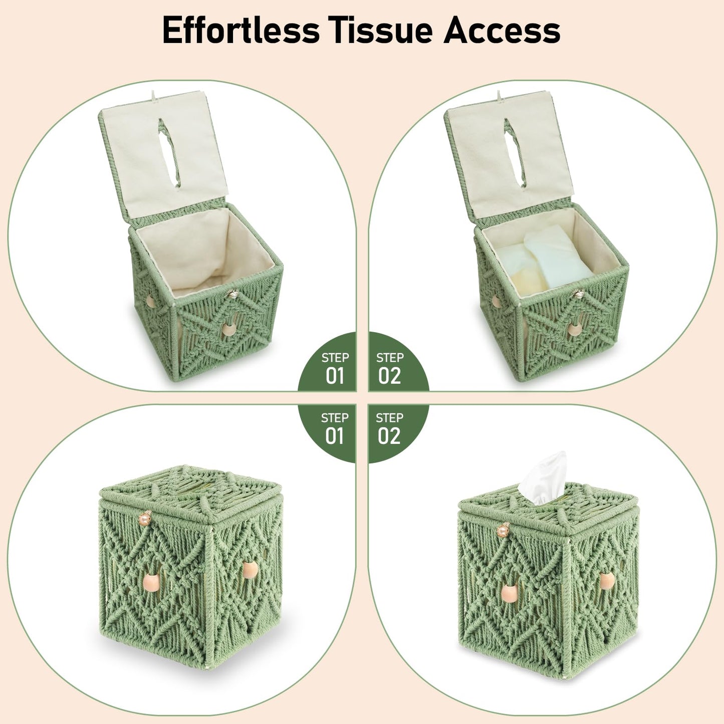 KaloKalo Handmade Tissue Box Cover Decorative Macrame Boho Square Tissue Holder Cotton Rope Woven Napkin Facial Paper Organizer Bohemian Desk Storage Container with Buckle Wood Beads (Light Green)
