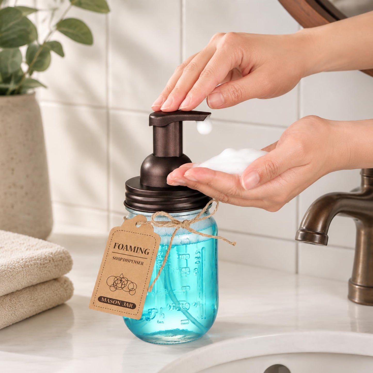 SheeChung Mason Jar Foaming Soap Dispenser-Rustproof Stainless Steel Lid & Foaming Soap Pump, Refill Foam Hand Soap Dispenser Glass for Bathroom Kitchen Vanities, Countertops-Bronze (2 pk)