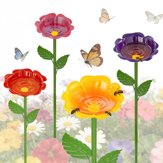 Mellbree Bee Watering Station, 4-Pack Metal Flower Bee Bath for Garden – Butterflies & Pollinators – Colorful Outdoor Gardening Stakes for Yard, Patio, Butterfly Garden, Gardening Essentials, 4