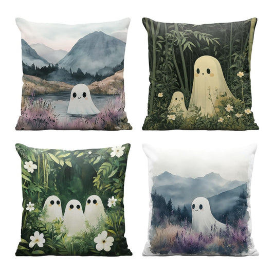 ZMRLMH Cute Ghosts Throw Pillow Covers 18x18 Set of 4 Whimsical Watercolor Forest Adventure Decorative Throw Pillow Covers for Sofa Couch Bed Home Decor