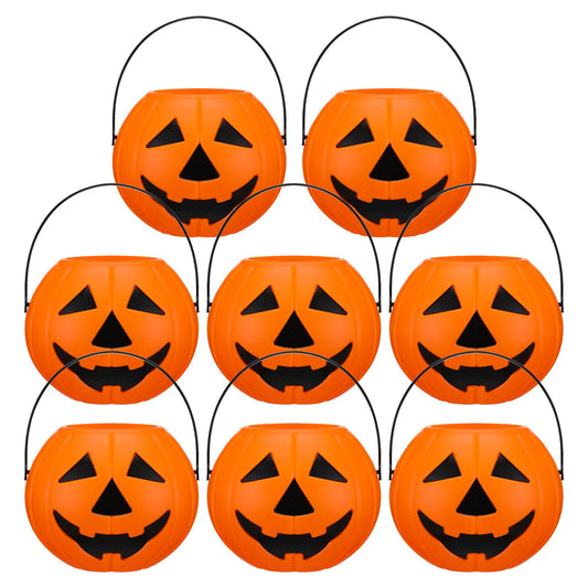Beeveer 8 Pcs Plastic Pumpkin Buckets Trick or Treat Halloween Candy Baskets with Handle 6.7 x 5.1 Inches Plastic Pumpkin Large Candy Basket for Halloween Trick or Treat Party Supplies (Funny)