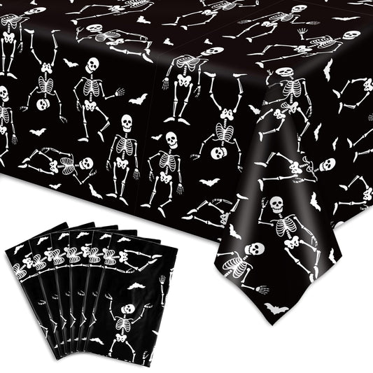 JarThenaAMCS 6 Pcs Halloween Plastic Tablecloth Funny Dancing Skeleton Table Cover Black White Disposable Table Cloth for Halloween Party Home Kitchen Dining Decor, 54 x 108 Inch