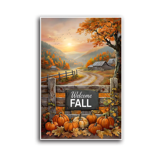 Rustic Autumn Farmhouse Canvas Wall Art Cozy Fall Countryside Painting with Pumpkins Sunset Mountains Wooden Fence Vintage Cabin Thanksgiving Halloween Home Decor Gift 12x18in Frameless