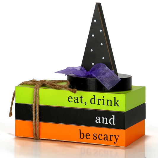 Halloween Decorations 4PCS Table Centerpieces, Cute Tabletop Halloween Decor for Tiered Tray Shelf Mantel Fire Place Office Desk Rustic Farmhouse Wood Faux Book Stack and Witch’s Hat Sign