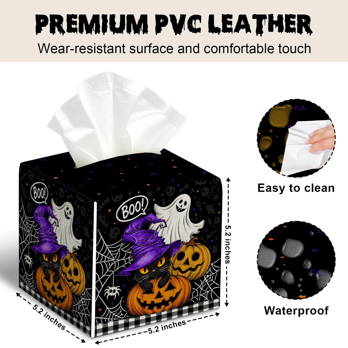 Halloween Tissue Box Cover Square, Black Cat Decorative Tissue Box Holder Facial Paper Organizer Dispenser for Bathroom Kitchen Bedroom Vanity Countertop Nightstands, Halloween Party Decoration/003