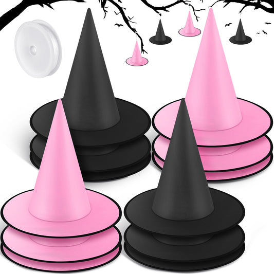 Suhine 12 Pcs Halloween Witch Hat Bulk Hanging Decor with Rope Costume Accessories for Porch Yard Indoor Outdoor Decor(Classic,Black, Pink)