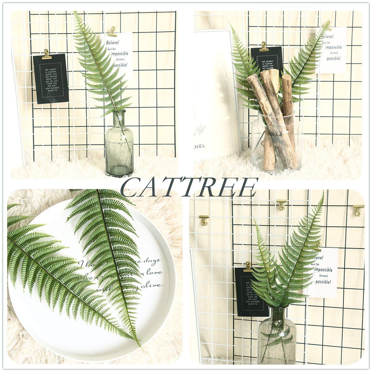 CATTREE Artificial Shrubs Leaves, Plastic Plants Fern Grass Leaf Fake Bushes Indoor Outdoor Garden Office Table Centerpieces Arrangements DIY Wreath Decoration Planter Filler - 10 Pack