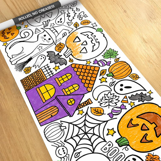 Tiny Expressions Halloween Coloring Tablecloth - Rolled, No Creases 30" x 72" Giant Coloring Poster to Color On - Halloween Activities