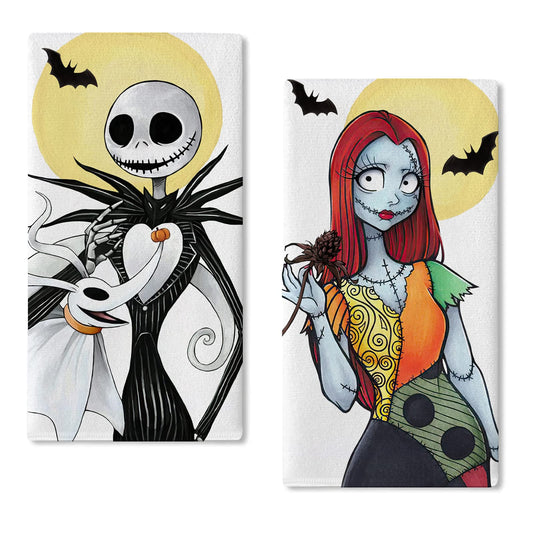 Seliem Jack Kitchen Dish Towels Set of 2, Spooky Sally Hand Towels Drying Baking Cooking Cloth Halloween Christmas Gifts, Funny Ghost Skull Moon Bat Home Kitchen Decor 18 x 26 Inch