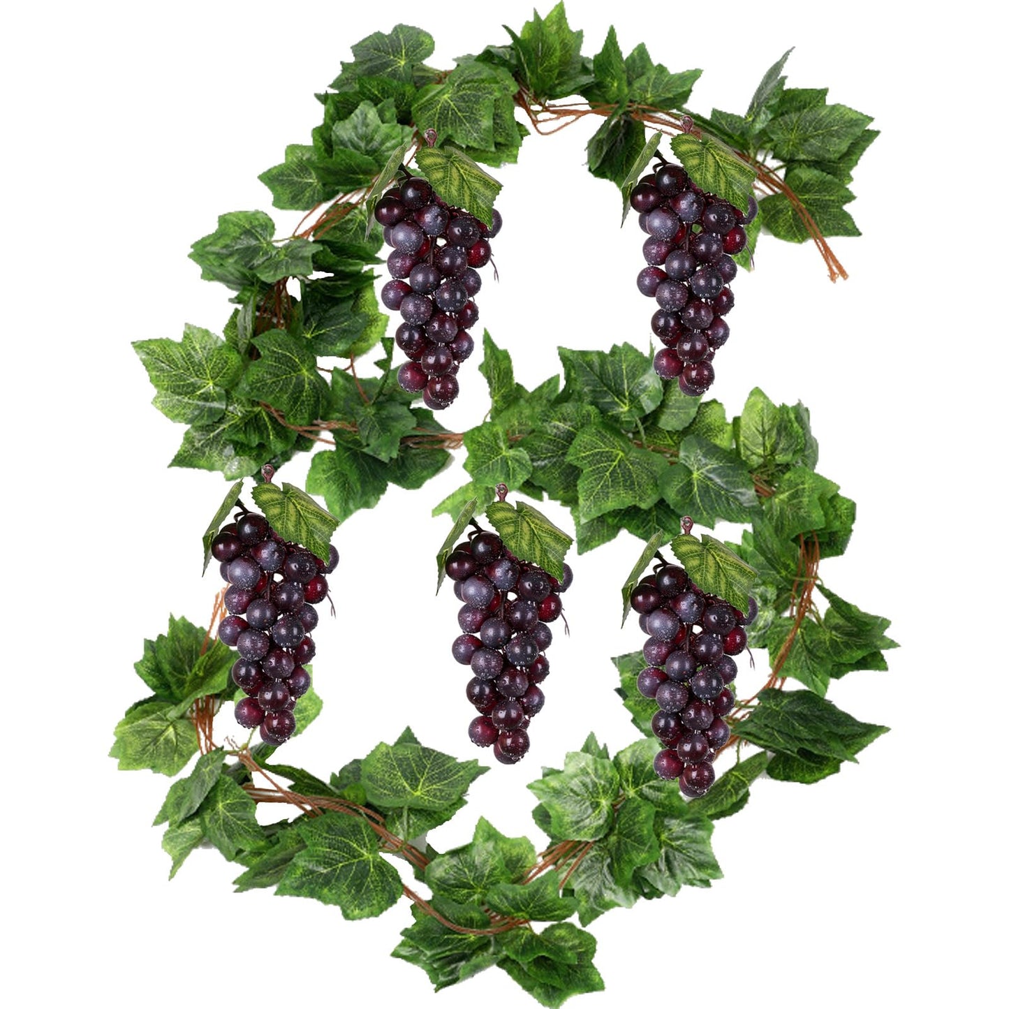 5Pcs 36 Leaves Artificial Greenery Garlands Hanging Leaves with 5 Strings 36 Purple Grapes for Faux Grape Leaf Garland Vine Plants for Indoor Outdoor Wedding Garden Home Party Wine Rack Decor