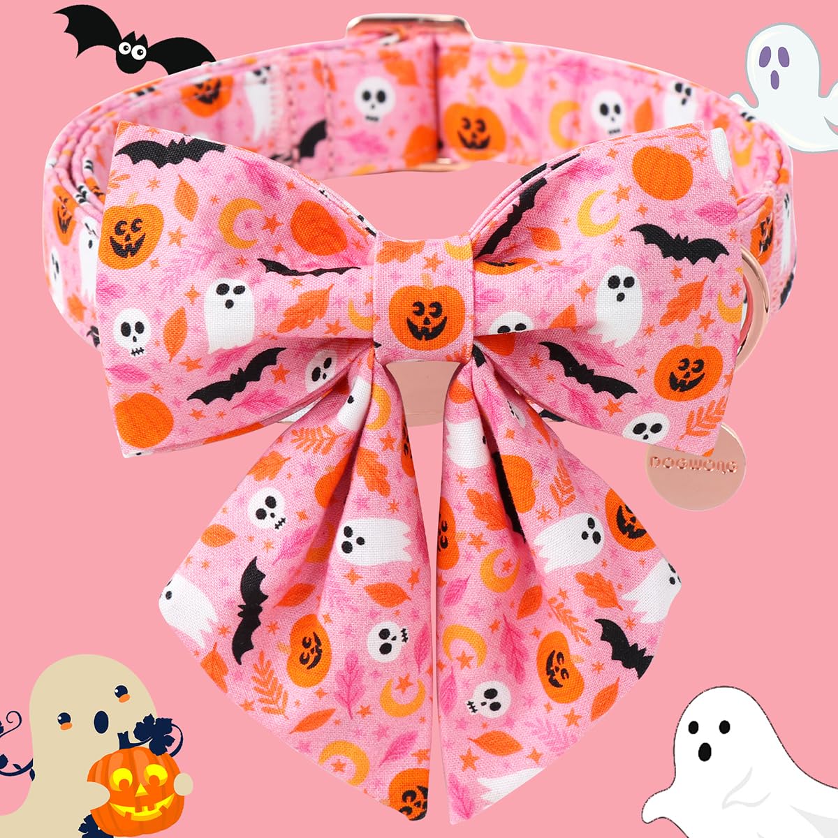 DOGWONG Halloween Dog Collar - Pink Fall Bowtie, Ghost Design, Comfortable & Adjustable for Medium & Large Dogs