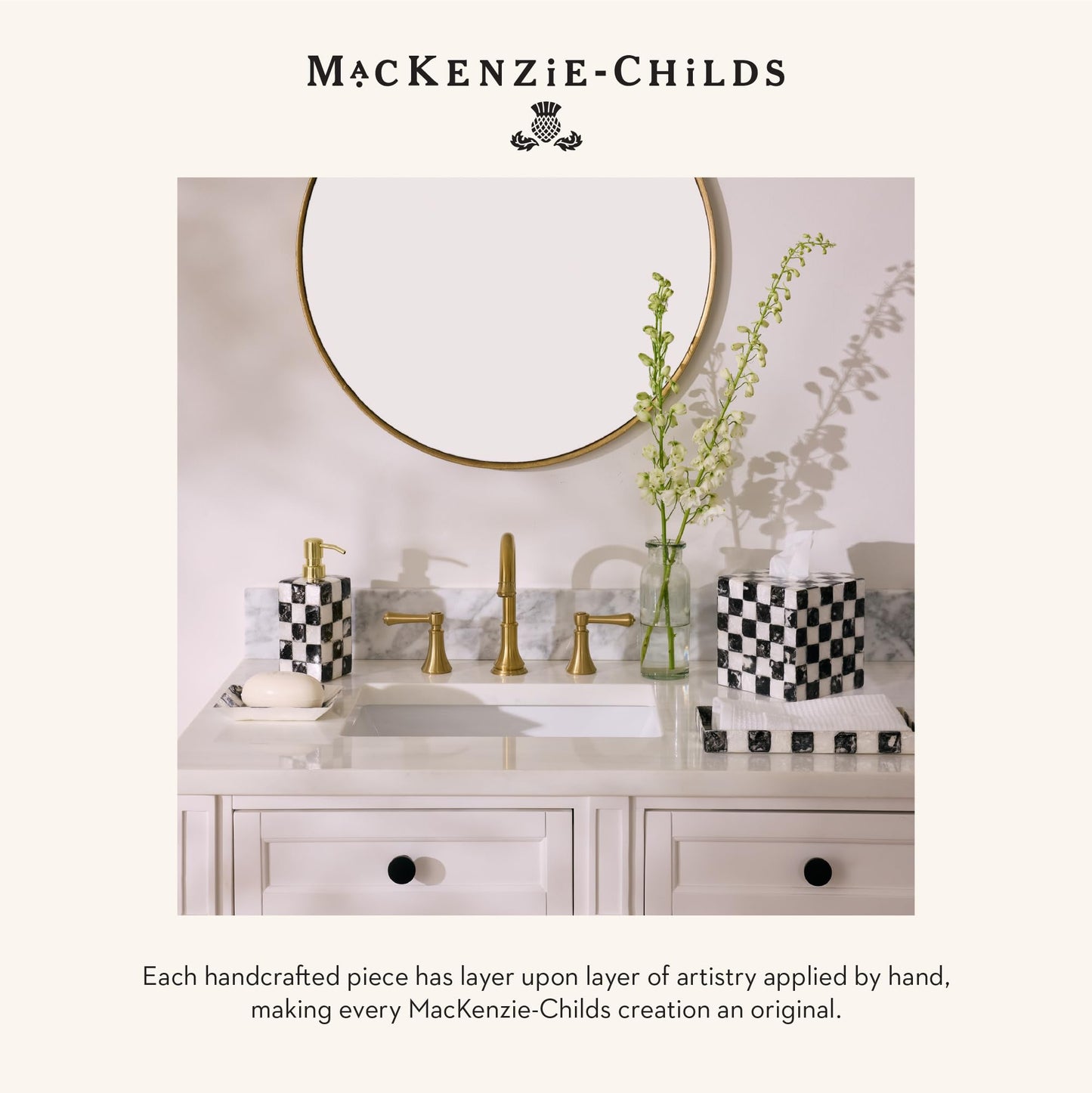 MACKENZIE-CHILDS Boutique Square Capiz Tissue-Box Cover, Decorative Tissue Holder, Black-and-White Courtly Check