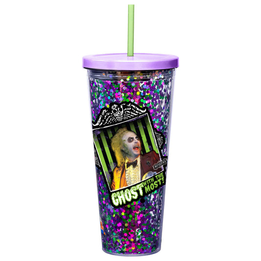 Spoontiques Beetlejuice Glitter Filled Acrylic Tumbler - Glitter Cup with Straw - 32oz - Stainless Steel Locking Lid with Straw - Double Wall Insulated - BPA Free