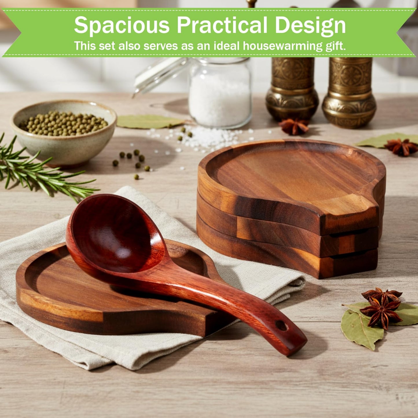 Honeydak 4 Pcs Acacia Wood Spoon Rest for Stovetop Handmade Smooth Wooden Kitchen Spoon Holder for Ladles Tong Cooking Accessories Housewarming Gifts(Retro Style)
