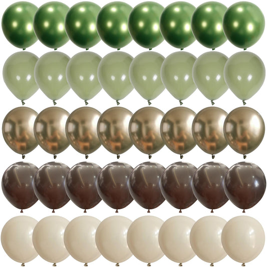 Sage Green Brown Safari Balloons, 60PCS Dusty Olive Green Coffee Beige Metallic Gold Eucalyptus Latex Balloon, Camo Army Hunting Balloons for Woodland Baby Shower Birthday Party Decorations Supplies