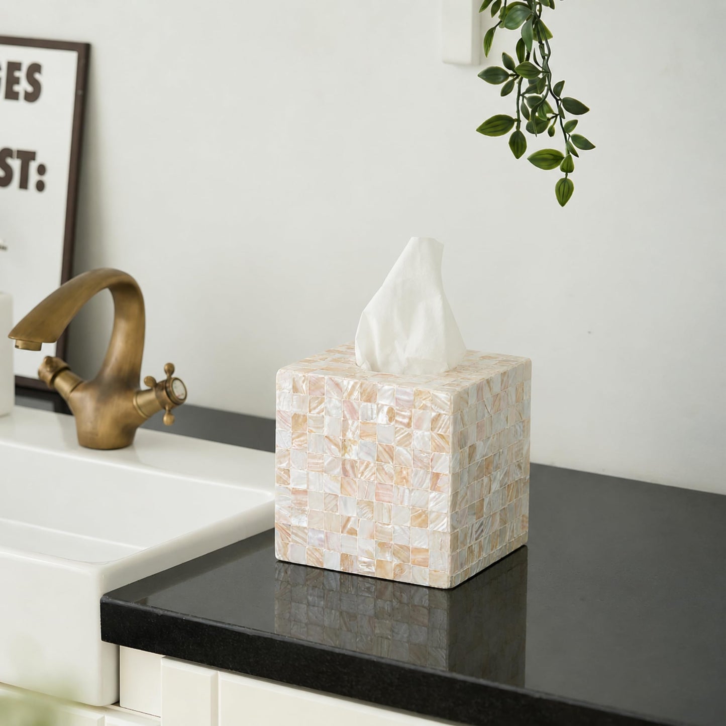 5.9” Mother of Pearl Tissue Box Cover for Kleenex and More – Handcrafted Square Tissue Holder with Sliding Bottom – Decorative Napkin Dispenser for Bathroom, Bedroom, Kitchen, Office