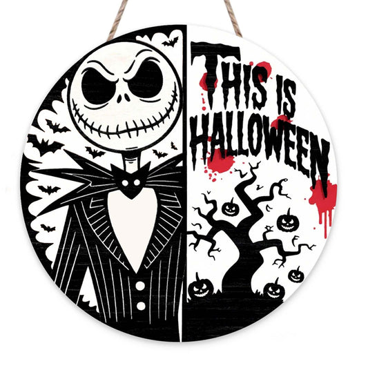 Halloween Skull Door Sign Halloween Front Door Hanger Decor Horror This is Halloween Rustic Wood Hanging Door Wreath Home Party Outdoor Wall Decor 12×12in