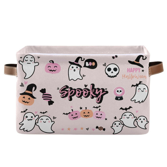 Sletend Foldable Canvas Storage Basket with Handles Halloween Cartoon Ghost Durable Storage Bin Organizer for Nursery Kids Shelves Desks Printed Canvas Storage Basket