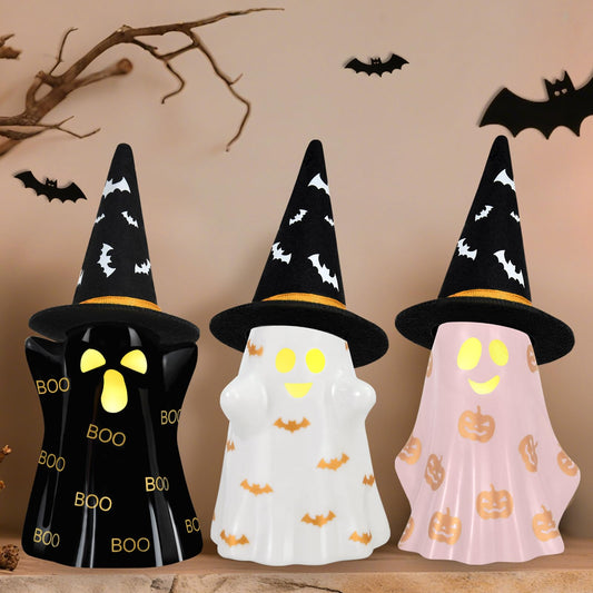 Byrita Halloween Decorations Indoor, Set of 3 Ceramic Halloween Ghosts with Witch Hats, Cute Spooky Lighted Decor Ghost Figurines Witch Hat Scary Pumpkin Bats Boo for Home Mantel Shelf Table Decor