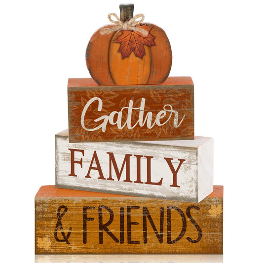 Lineshading 4 Pcs Fall Pumpkin Decor Fall Decorations for Home Wooden Pumpkin Decor Thanksgiving Table Centerpiece Rustic Decorative Autumn Stacked Block Signs Farmhouse for Harvest Party Home Kitchen