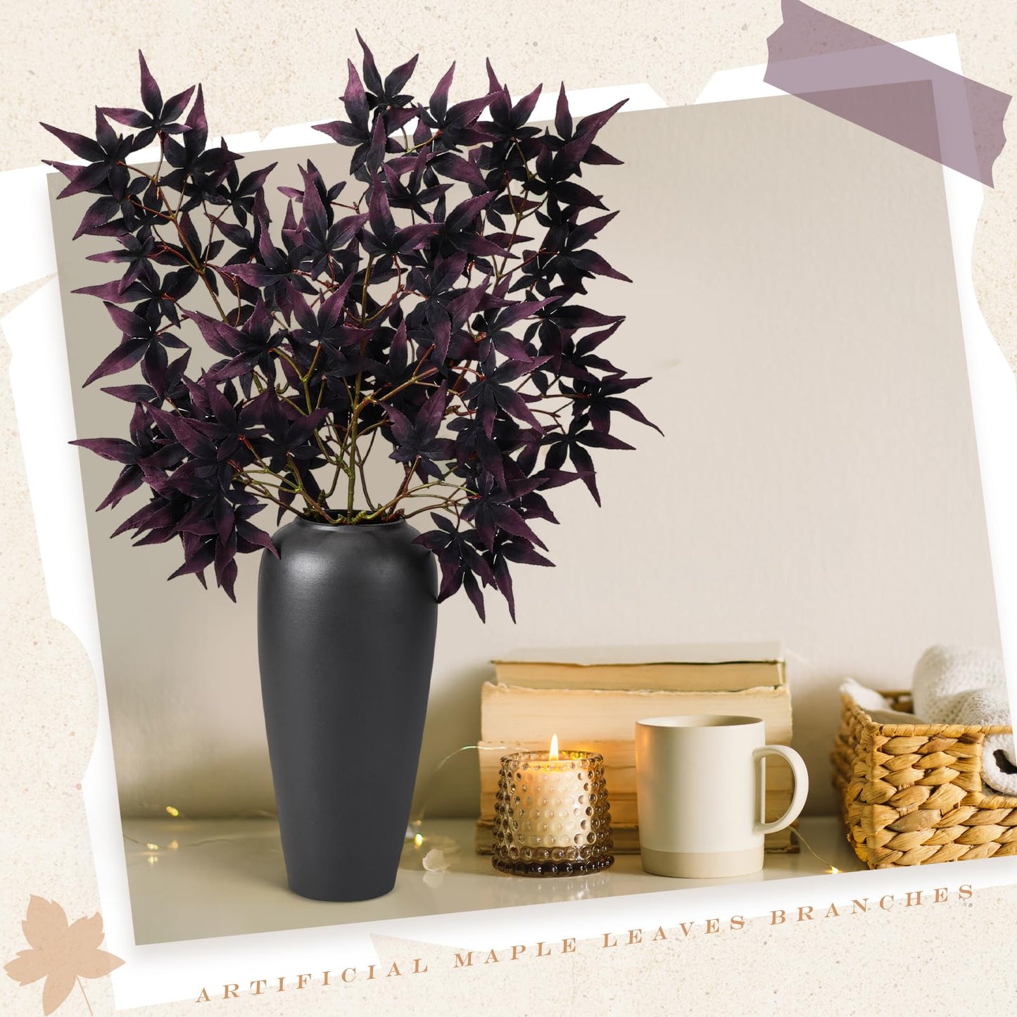 Janinka 29" Fall Artificial Japanese Maple Leaves Stem Fake Fall Maple Leaves Stem Autumn Faux Bushes for Vase Farmhouse Table Centerpiece Halloween Thanksgiving Decor 3 Pcs(Black Currant)