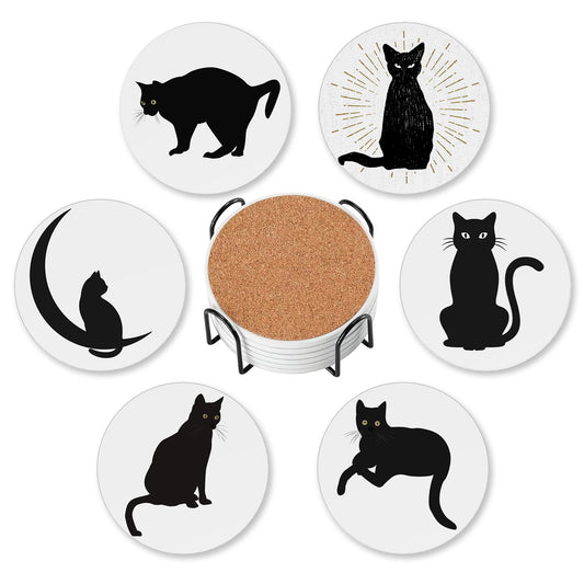 Coasters for Drinks Absorbent with Holder,Black Cat Sets of 6 Durable Cup Coaster for Coffee Table Protection,Great Housewarming Birthday Gifts,Home Decor