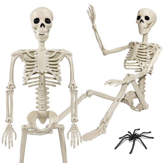 36" Skeleton Halloween Decorations, 3ft Life Size Human Skeleton with Full Body Movable Posable Joints Skeleton, Halloween Skeletons with 20 Spiders for Yard Haunted House Props Indoor Outdoor Decor