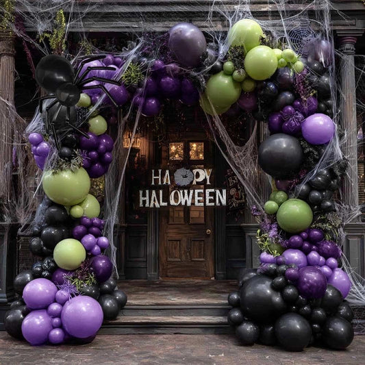 Green Purple Black Balloons Double Stuffed, Halloween Balloon Arch Garland Kit in Dark Purple Dusty Olive Green Color with Black Long Latex for Halloween Birthday Baby Shower Boo Spooky Party Decor