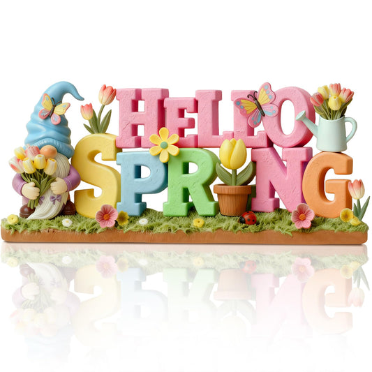 Simgoing 1 Pack Hello Spring Table Decoration Resin Spring Gnome Decorations for Home Pastel Flower Table Sign Festive Floral Statue Tabletop Centerpiece for House Tabletop Tiered Tray Fireplace Decor
