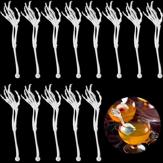 Remerry 48 Pcs Halloween Drink Stirrers Skeleton Swizzle Sticks Skeleton Arms Hands Cocktail Garnish Plastic Cocktail Food Picks for Halloween Bar Horror Party Table Decoration (White)