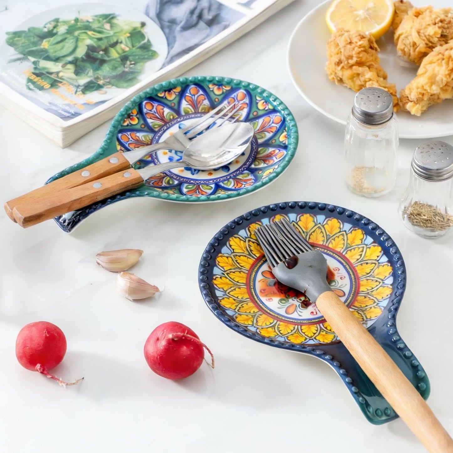 JINGUS Spoon Rest for Stove Top, 7.7 Inch Spoon Holder, Ceramic Blue Kitchen Spoon Rest for Spatula, Tongs or Decorations, Bohemian Large Ladle Holder for Gift, Heat-Resistant,Dishwasher Safe