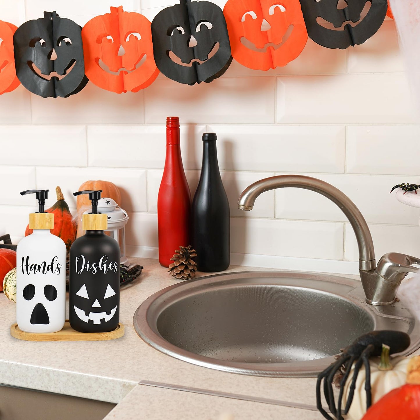JarThenaAMCS 2Pcs Halloween Soap Dispenser Ghost Pumpkin Face Hand and Dish Glass Dispenser with Pump 16 Oz Refillable White Black Liquid Soap Container for Kitchen Bathroom
