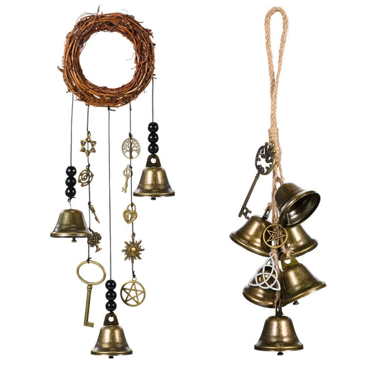 Jetec 2 Pieces Witch Bells for Door Knob for Protection, Handmade Hanging Bells Door Hanger with Wreath and Charms, Vintage Boho Witchy Decor Witchcraft Supplies Wiccan Gifts for Home Wall(Novel)