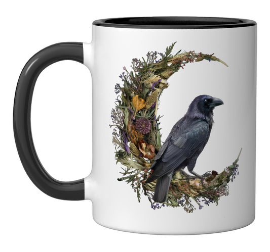 Cottage-Core Halloween Crow Design Witchy Floral Moon Raven Ceramic Mug, Black/White