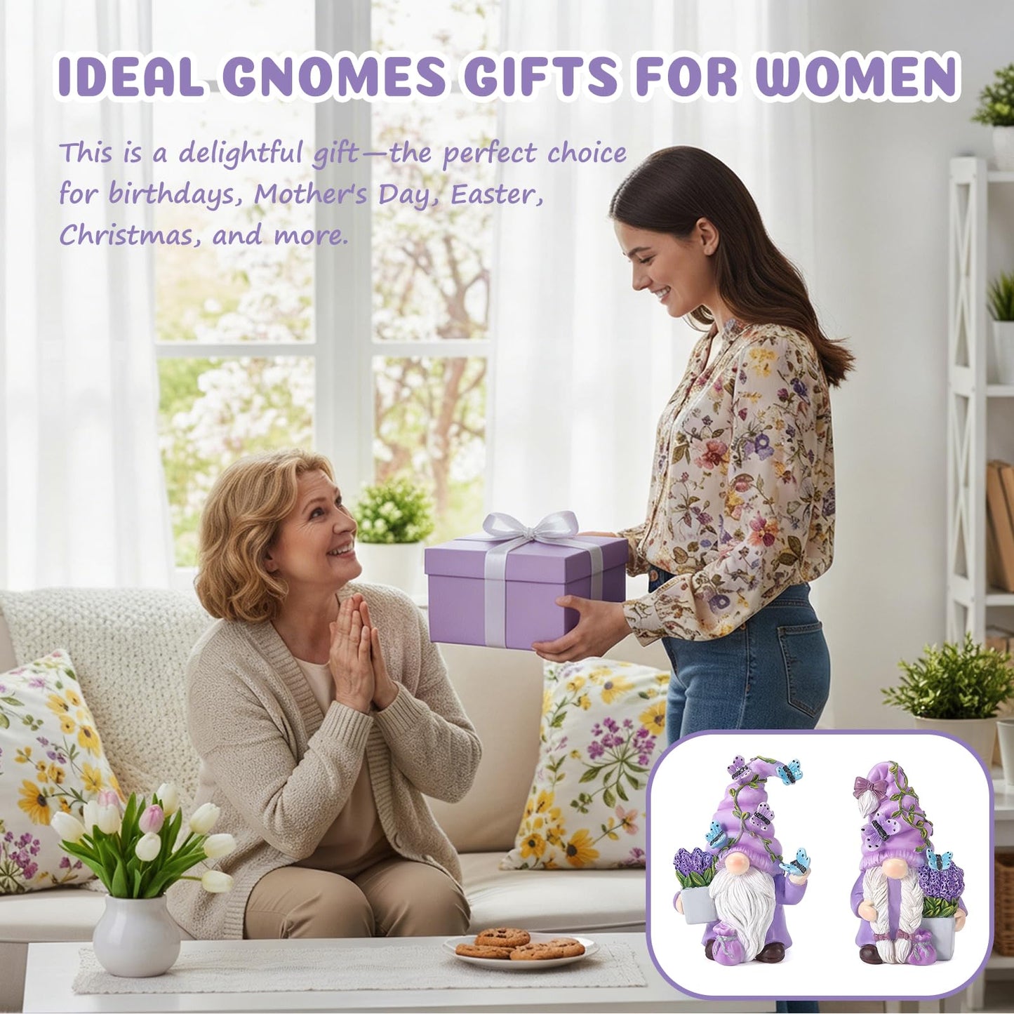 Ironlux 2Pcs Spring Lavender Gnomes Decor, Resin Purple Gnome Figurines with Butterfly, Indoor Outdoor Garden Gnomes Decorations for Home Yard, Cute Spring Gnomes Gifts for Women
