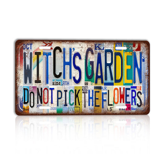 TREEPERI Vintage License plate Witch's Garden Do Not Pick The Flowers Wall Decor Metal Sign Tin Signs for Garden