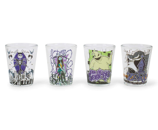 Silver Buffalo Disney Nightmare Before Christmas Featuring Jack Skellington, Sally, Oogie Boogie, and Zero 4 Pack Mini Glasses, 1.5 Ounces