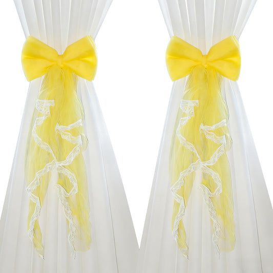 Bowknot Curtain Ties 2 Pcs, Boho Handmade Curtain Holdbacks 23.6 Inch Long Decorative Tiebacks for Wedding Party, Bedroom, Dining Room, Balcony (Yellow)