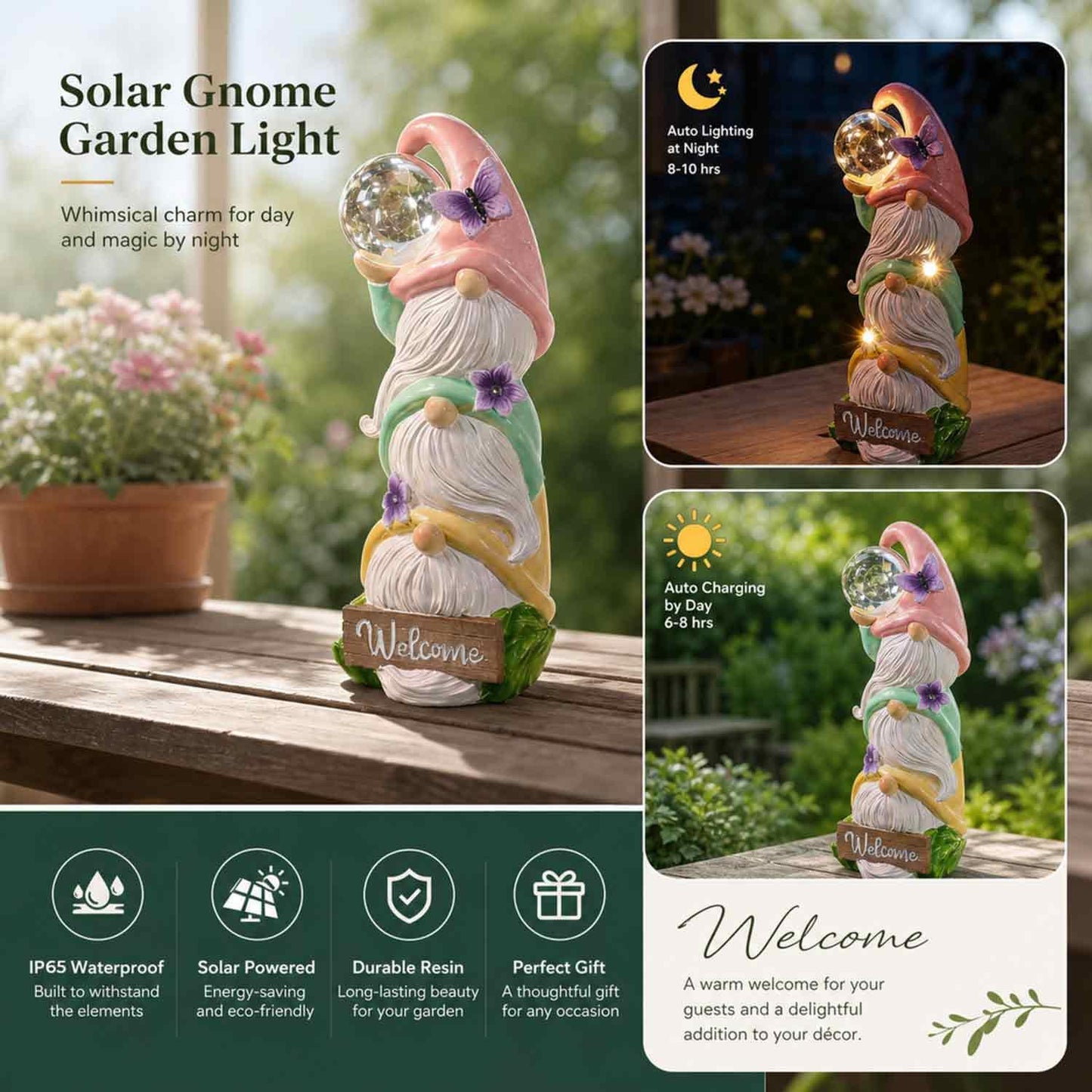 Large Garden Gnome Statues Solar Lights, Waterproof Outdoor 3 Stacked Spring Gnomes Sculptures Gifts Idea for Birthday Mother Father Day Christmas Thanksgiving 12 Inch Welcome Sign Porch Decor