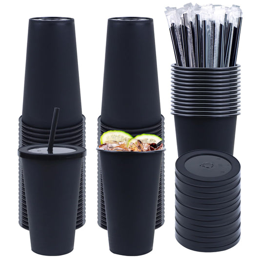 Ahongwenxi 50 Pack Black Plastic Cups with Lids and Straws, 16 oz Disposable Plastic Tumblers Iced Coffee Cups Travel Mug Cup for Juices Halloween Birthday Bachelorette Party Wedding (Black, 16 oz)