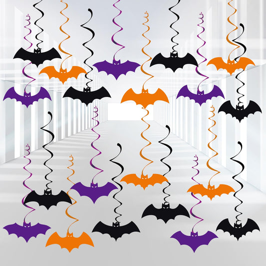 YQUQWN 46 PCS Halloween Bat Hanging Swirl Decorations Black Orange Purple Flying Vampire Bat Ceiling Decor for Kids Halloween Party Door Office Party Supplies