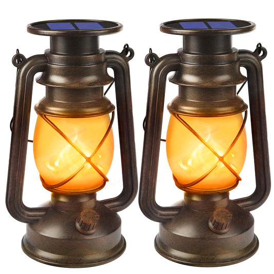 Wondrastical Solar Lanterns Outdoor Waterproof, 2 Pack Flickering Flame LED Hanging Lantern, Bronze Vintage Solar Powered Decorative Lights for Patio Porch Garden Yard Pathway Camping