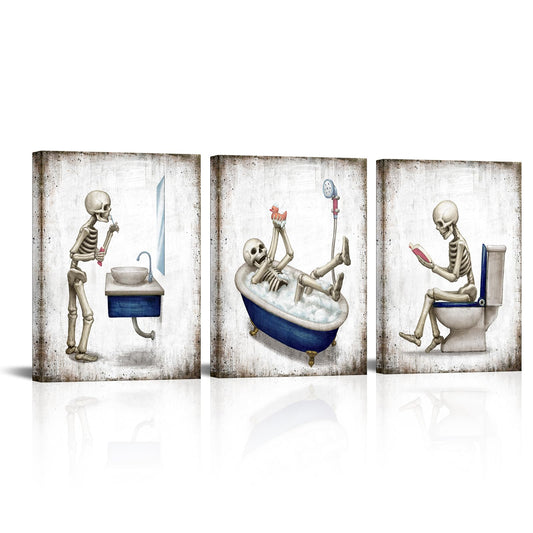 Derkymo Halloween Wall Decor Cute Skeleton Vintage Canvas Art Educational Gift Idea for Bathroom Framed Ready to Hang 12"x16"x3 Pieces