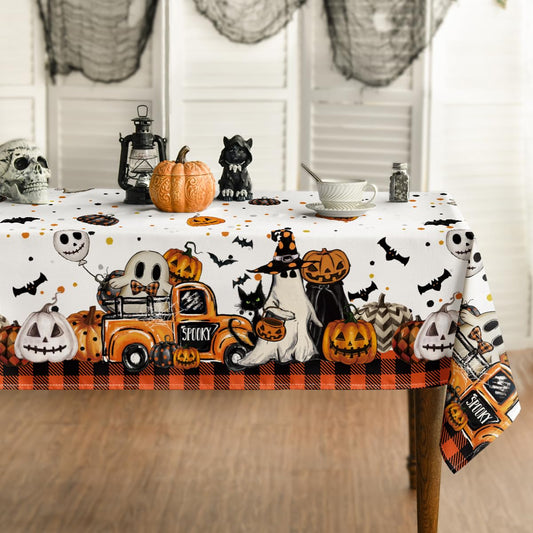 Horaldaily Halloween Tablecloth 60×60 Inch Square, Buffalo Plaid Jack-O-Lantern Pumpkin Bats Ghost Truck Washable Table Cover for Party Picnic Dinner Decor