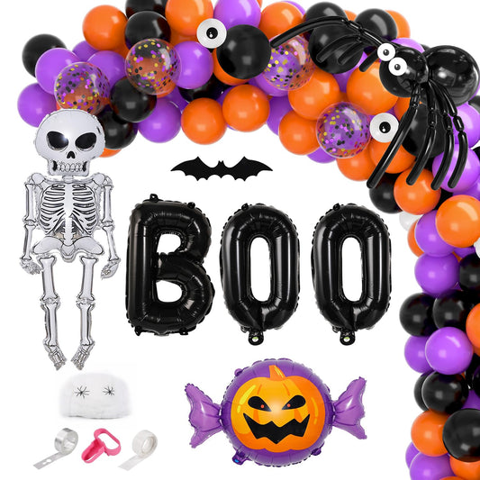 Garma Halloween Balloons Garland Arch Kit, 129pcs Black Orange Purple Balloon Decorations with Confetti Balloon Pumpkin Skeleton BOO Foil Balloons for Halloween Decorations Outdoor Party Supplies